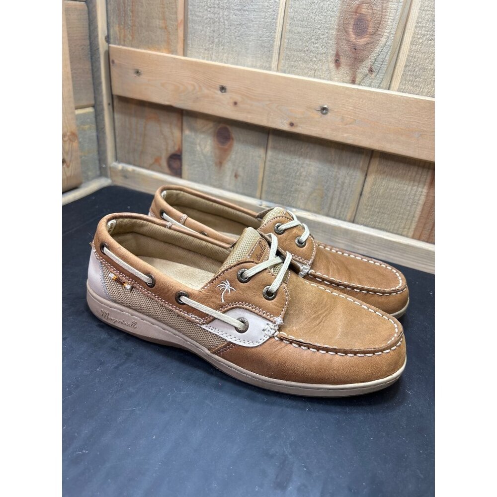 Margaritaville Womens Tan Avalon Boat Shoes Size 8.5 Leather Casual Nautical